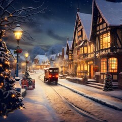 Digital painting of a winter street with christmas trees and train.