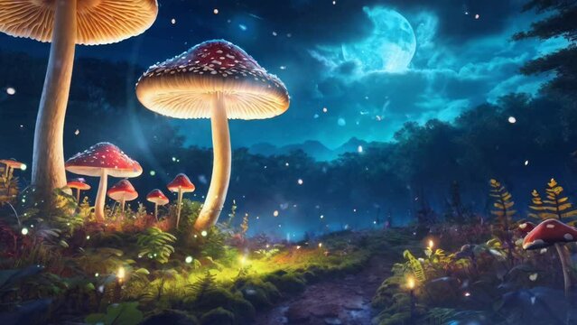 Magic mushroom in the forest. Fantasy fungus in the night woods. Loop animation video.