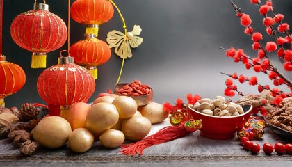 Chinese new year decorations with lanterns and food
