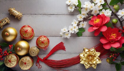 Chinese New Year celebration with flowers and golden decors