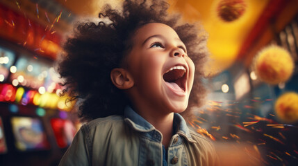 A childs joyous reaction to winning a carnival game. - obrazy, fototapety, plakaty
