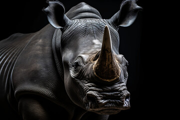 Portrait of a rhinoceros against a black background