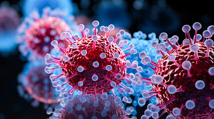 Influenza virus, abstract microbes, bacteria, microorganism cells, pathogen, blue background. Medicine, healthcare