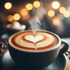 Cup of coffee with foam in the shape of a heart - obrazy, fototapety, plakaty