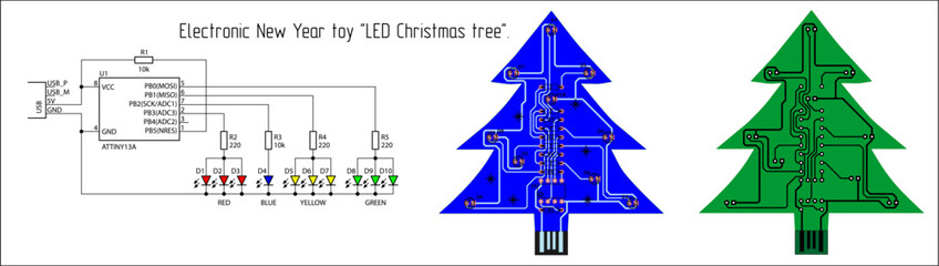 Electronic New Year toy "LED Christmas tree". 
Vector electrical schematic diagram and a printed 
circuit board of a digital electronic device. Pcb draft
with conductors and radio components.