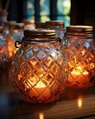 Candles in glass jars on a wooden shelf in a cafe.