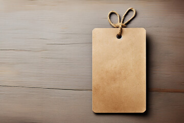 A brown tag mockup on a wooden table.
