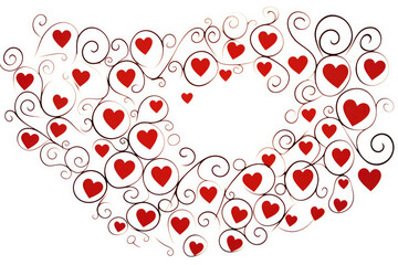 Elegant calligraphic pattern of swirling red hearts and curly lines, Valentine's Day, on a white background