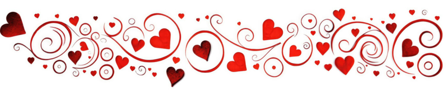 Elegant calligraphic pattern of swirling red hearts and curly lines, Valentine's Day, on a white background