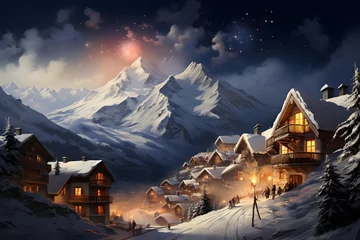 Wandaufkleber Snowy mountain village in the Alps at night, panoramic view © Iman
