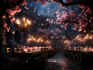 Cherry blossom in the old city at night. Digital painting.