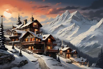Wandaufkleber Winter mountain village panorama with wooden chalet and snowy peaks © Iman