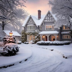 Beautiful house in winter with snow in the foreground. High quality photo