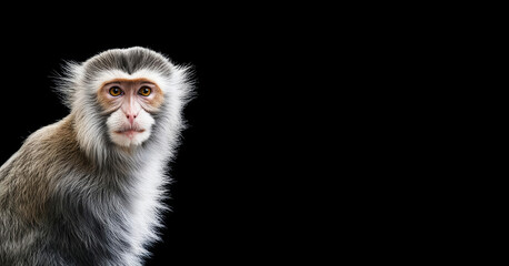 a monkey on a black background, a cute monkey, a macaque, an animal. artificial intelligence generator, AI, neural network image. background for the design. - obrazy, fototapety, plakaty