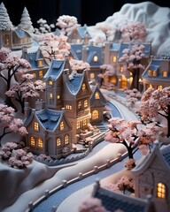 Beautiful toy houses and cherry blossoms on the background of the night city