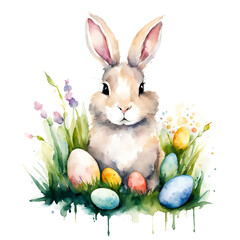 watercolor cute rabbit and painted chicken eggs. the background for the design of Happy Easter is an artificial intelligence generator, AI, an image of a neural network. background for the design.