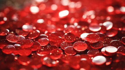 Glitter texture of red sparkles laying on the table. Many red peaces of sequins for dress and decorations