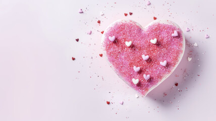 Fototapeta premium Pink color cake in the shape of a heart with confetti on a light background, glitter, flat lay