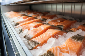 salmon fish meat on the frozen shelf use for the National Salmon Day - obrazy, fototapety, plakaty