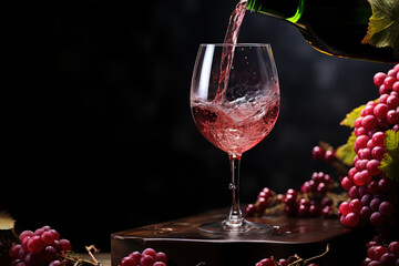 Pouring the rose wine into the glass with red grapes background use for the National Wine Day