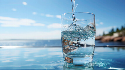 Pouring water into the glass on the river and blue sky represents the World Water Day awareness