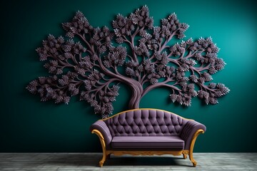 An intricate 3D pattern of a cedar tree with cone-shaped form above a lavender sofa, on a dark teal...
