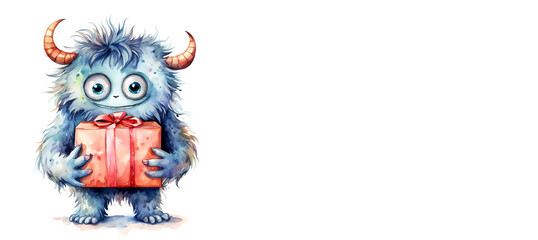 Obraz premium A cute watercolor monster is holding a gift box. background for holidays, birthday, love, Valentine's day, February 14th. artificial intelligence generator, AI, neural network image. background for th
