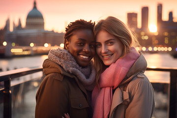 Portrait of a young lesbian tourist couple smiling at the camera. Celebrating Valentine's Day - obrazy, fototapety, plakaty