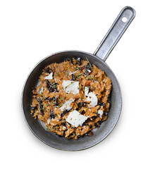 Mushroom Risotto on Vintage Pan on White Background