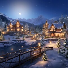 Winter night in the mountains. Christmas landscape with wooden houses and lake.