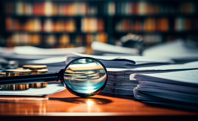close up of a magnifying glass over various documents, information research