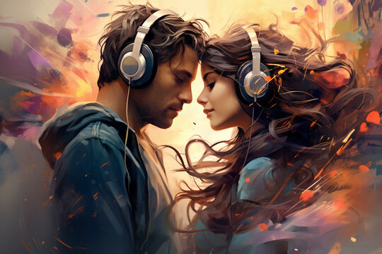 Connection Through Music: A couple playing musical instruments or sharing headphones, illustrating a shared love for music and the harmonious connection between them. Love, Couple