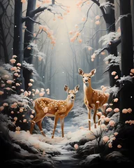 Fototapeten Two deer in the winter forest. Digital painting. Illustration. © Iman