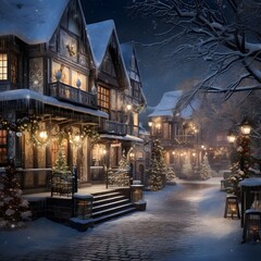 Winter night in the city. Christmas trees and houses in the snow. - obrazy, fototapety, plakaty