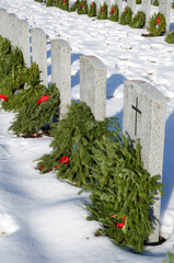Military Tombstones with Green Wreath Viewed in Diagonal