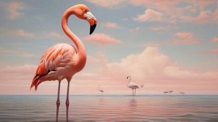 photo illustration of a pink flamingo standing on the edge of a lake
