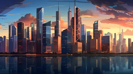 Fototapete Vereinigte Staaten Panorama of modern city with skyscrapers at sunset, illustration