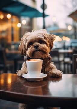 Naklejki Cute smiling dog drinking its morning coffee outdoor at cafe reception area on blurred street backgrounds with copy space, concept of morning coffee, funny animal portrait, well being lifestyle.