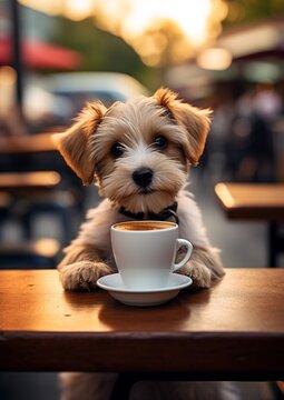 Naklejki Cute smiling dog drinking its morning coffee outdoor at cafe reception area on blurred street backgrounds with copy space, concept of morning coffee, funny animal portrait, well being lifestyle.