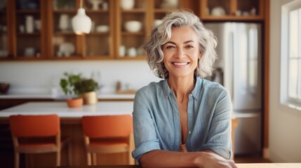 Mature middle aged housewife with gray hair and brown eyes posing indoors in her modern clean stylish kitchen interior, hand on table, relax and smile joyfully looking at the camera, copy space.