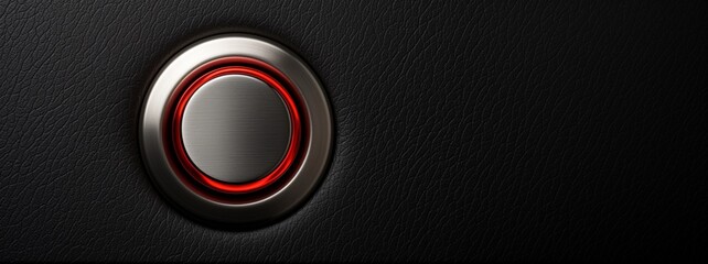 Empty illuminated button isolated on black leather background with copy space, steel button mock up on black. - obrazy, fototapety, plakaty