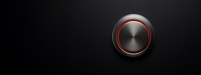 Empty illuminated button isolated on black leather background with copy space, steel button mock up on black. - obrazy, fototapety, plakaty