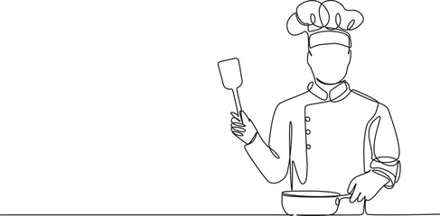 continuous single line drawing of chef with frying pan and spatula, line art vector illustration - obrazy, fototapety, plakaty