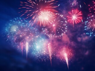 Colorful fireworks of various colors over night sky. Abstract background.
