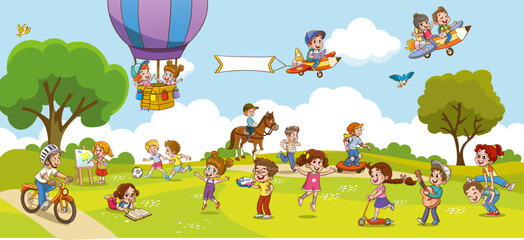 vector illustration of children having fun in the park