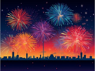 Fototapeta na wymiar New Year's Eve Fireworks and cityscape background. 