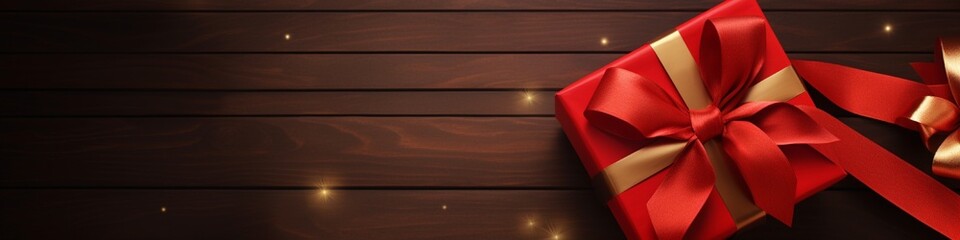 A beautifully wrapped gift box adorned with a vibrant red ribbon bow, positioned elegantly across the frame, leaving ample space for your personalized message or wishes.