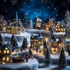 Türaufkleber Christmas and New Year background with small houses in the snow at night © Iman