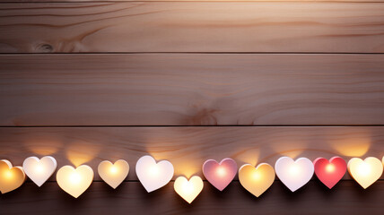 Flat lay of heart shape garland in red, pink and orange light color, valentine's day on light wooden table. High quality photo - Powered by Adobe