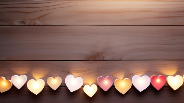 Flat lay of heart shape garland in red, pink and orange light color, valentine's day on light wooden table. High quality photo